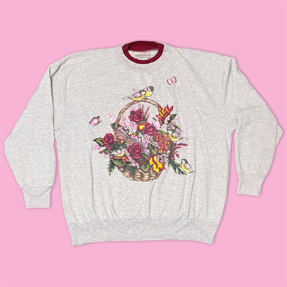 Vintage Cottagecore Grandma Sweatshirt Basic Editions Florals Birds Size‎ Large